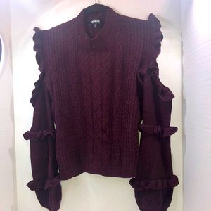 Express Cold Shoulder Ruffled Cable Sweater Plum Size M